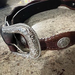 Men's western belt, brown tooled leather w/man-made lacing & 8 conches  Size 38